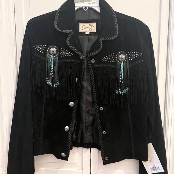 Scully Black Leather Jacket Fringe Beads Silver Turquoise - Picture 1 of 2